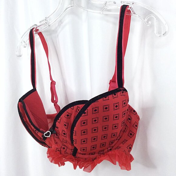 Paramour by Felina Women's Balconette Bra 34DD Red Black Ruffle Sexy Valentine's - Picture 2 of 8